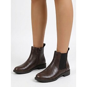 Women's Brown Chelsea Ankle Boots - Minimalism Faux Leather Round Toe Low Heel Zip-Up Casual Booties for Walking, Travel Fall Winter Wear