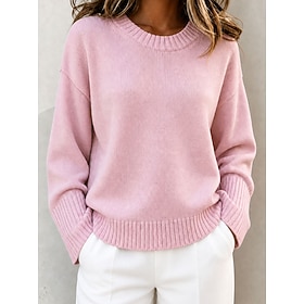 Women's Sweater Pullover Sweater Jumper Fashion Basic Casual Ribbed Crew Neck Knitted Long Sleeve Regular Tops Knit Daily Home Work White Pink Fall Winter