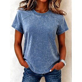 Women's Denim T-shirt Patchwork Vintage Punk Fashion Western Short Sleeve Crew Neck Regular Tops Casual Blue Summer Spring