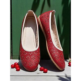 Women's Red Floral Laser Cut Ballet Flats - Breathable Round Toe Shoes, Lightweight Slip-On Shoes for Everyday Wear, Travel and Casual Commute