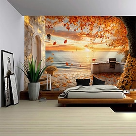 Autumn Blue Sky and White Clouds Wall Tapestry, Sunbeam Forest Leaves Pastoral Scenery Wall Hanging for Bedroom, Living Room  College Dorm Decor, Photo Backgro