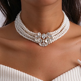 Choker Necklace Cubic Zirconia Imitation Pearl Women's Vintage Cute Layered Oval Necklace For Prom Wedding