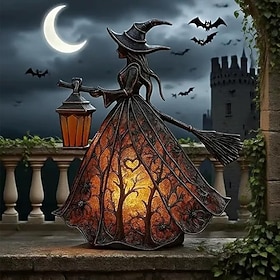 Halloween Witch Lamp with Lantern, LED Spooky Witch Figurine on Broomstick, Decorative Night Light Desktop Ornament for Home Party Decor, Stained Glass Style R