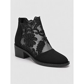 Women's Black Lace Ankle Boots with Floral Mesh Design and Low Block Heel - Elegant Footwear for Casual and Dressy Occasions
