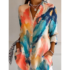 Women's Shirt Buttons Print Graphic Geometric Daily Stylish Casual Long Sleeve Shirt Collar Regular Tops Casual Daily Work Maroon Leopard Khaki Rainbow Summer