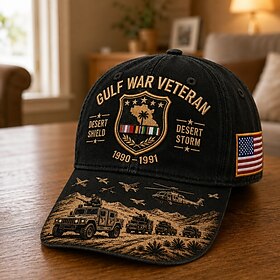 Gulf War Veteran Commemorative Baseball Cap, Desert Shield  Desert Storm Embroidered Military Hat with American Flag Patch, Adjustable Veteran Gift