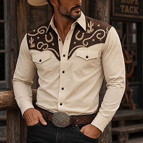 Men's Star Plants Shirt Western Shirt Cowboy Shirt Long Sleeve Vintage Western Casual Outdoor Spring Fall Turndown Front Two Pockets Linen Like Shirt Button Up
