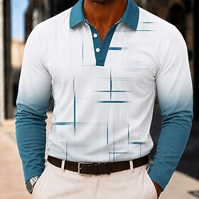 Men's Color Block Geometic Polo Shirts Long Sleeve Polo Shirts Lapel Casual Outdoor Athleisure Daily Wear 3D Print Buttons Fall  Winter Blue Pink Brown