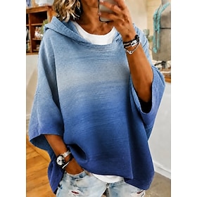 Women's Pullover Hoodie Sweatshirt Print Graphic Striped Abstract Casual 3/4 Length Sleeve Hooded Regular Tops Casual Street Dailywear Blue Orange Spring Fall