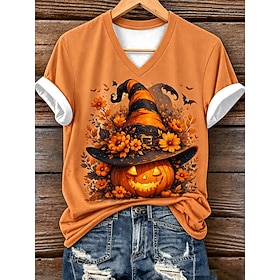 Halloween Women's T Shirt Print Graphic Pumpkin Vintage Stylish Classic Short Sleeve V Neck Regular Tops Casual Daily Weekend White Black Orange Green Fall Win