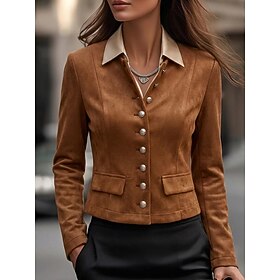 Women's Jacket Suede Vest Windproof Patchwork Buttons Vintage Casual Short Collarless Regular Fit Long Sleeve Outerwear Brown Fall Winter