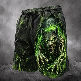 Halloween Men's Animal Wolf Funny Swim Shorts Board Shorts Swimming Trunks Mid Waist Streetwear Hawaiian Beach Vacation Wear Side Pockets Mesh Lining Elastic D