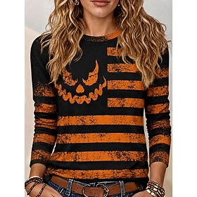 Halloween Women's T Shirt Print Graphic Ghost Vintage Fashion Modern Long Sleeve Crew Neck Regular Tops Casual Daily Blue Orange Green Fall Winter