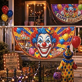 Halloween Half Round Bunting Flags Set of 2 Creepy Clown Carnival Balloons Circus Outdoor Porch Railing Fence Haunted House Party Decorations