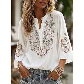 Women's Embroidered 100% Cotton Shirt Boho Shirt Ombre Floral Elegant Bohemia Vacation 3/4 Length Sleeve V Neck Crop Tops Casual Daily Holiday White Summer Spr