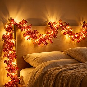 2m Autumn Maple Leaf Ribbon String Lights Warm LED Fairy Lights Battery Powered Festival Red Maple Leaves for Halloween Thanksgiving Autumn Holiday Fireplace S