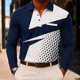 Men's Color Block Geometic Polo Shirts Long Sleeve Polo Shirts Lapel Business Casual Business Office Daily Wear 3D Print Buttons Fall  Winter Blue Purple Green