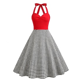 1950s Retro Vintage Rockabilly Midi Dress Sleeveless Fit and Flare Solid Color Plaid Fit Flare Halter Neck Fancy Dress Women's Halloween Carnival Music Festiv