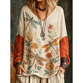 Carnival Women's Oversized Blouse Print Floral Cat Elegant Bohemia Vintage Long Sleeve 3/4 Length Sleeve V Neck Regular Tops Casual Sports Blue White Yellow Pu