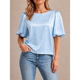 Women's Satin Top Satin Blouse Plain Elegant Fashion Short Sleeve Lantern Sleeve Crew Neck Regular Tops Casual Black Pink Army Green Navy Blue Apricot Fall