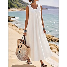 Women's Maxi Dress Casual Dress Cotton Linen Dress Bohemia Vacation Stylish Loose Fit Plain Sleeveless U Neck White Dark Brown Black Summer Spring Fall