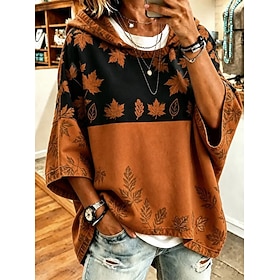 Women's Pullover Hoodie Sweatshirt Print Floral Graphic Casual 3/4 Length Sleeve Hooded Regular Tops Casual Street Dailywear Orange Spring Fall Winter