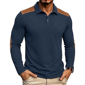 Men's Waffle Polo Shirts Textured Casual Street Lapel Long Sleeve Basic Modern Color Block Buttons Keep Warm Spring Fall Blue White Black Burgundy Royal Blue G