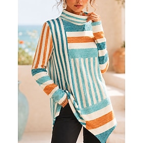 Women's T Shirt Print Asymmetrical Asymmetrical Hem Floral Graphic Plants Elegant Stylish Casual Long Sleeve Turtleneck High Neck Long Tops Casual Daily Blue P
