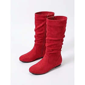 Women's Khaki Casual Slouchy Boots, Riding Style Mid Calf Boots with Flat Heel and Side Zipper, Minimalist Fall Winter Boots for Everyday Wear, Leisure Outfits