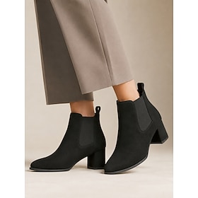 Women's Black Suede Chelsea Ankle Boots - Elegant Almond Toe Mid Chunky Block Heel Stretch Booties for Office Commute, Street Style