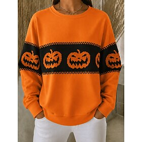Halloween Women's Waffle Graphic Pumpkin Casual Print Long Sleeve Crew Neck Regular Tops Casual Street Holiday Black Orange Fall Winter