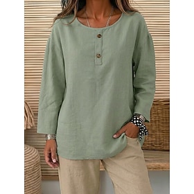 Women's Cotton Blend Button Down Shirt Ruched Patchwork Buttons Vintage Casual Light Green Sky Blue Light Purple Grey Fall Winter