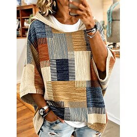 Women's Pullover Hoodie Sweatshirt Patchwork Print Graphic Geometric Striped Casual 3/4 Length Sleeve Hooded Regular Tops Casual Street Dailywear khaki Spring