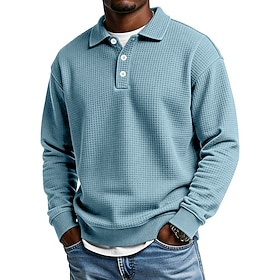 Men's Waffle Polo Shirts Textured Casual Street Lapel Long Sleeve Basic Modern Plain Buttons Keep Warm Fall  Winter Blue Black Burgundy Royal Blue Green Dark G