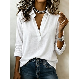 Women's Washed Cotton Linen Shirt Textured Vintage 3/4 Length Sleeve Shirt Collar White Black Pink Spring, Fall, Winter, Summer