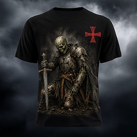 Halloween Men's Skull Knights Templar Crusaders T Shirt Short Sleeve T shirt 3D Print Crew Neck Shirt Exaggerated Designer Horror Club Party Street Black Khaki