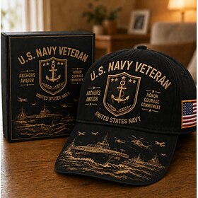U.S. Navy Veteran Embroidered Baseball Cap, Military Veteran Adjustable Hat with American Flag Patch, Navy Retired Gift for Men, Veterans, Memorial Day Vetera