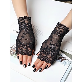 Women's Lace Fingerless Gloves Elastic Stretch Floral Sheer Lace Half Finger Gloves for Wedding Party Evening Cocktail Halloween Costume Vintage Romantic Fashi