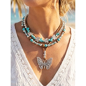 Women's Boho Layered Necklace Set with Turquoise and Alloy Butterfly Pendant, Vintage Beaded Statement Jewelry for Beach Vacation, Festival, Casual Summer Wear