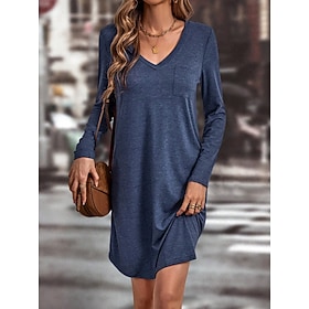 Women's Knee Length Dress Shift Dress Casual Dress T Shirt Dress Tee Dress Vacation Fashion Classic Daily Outdoor Loose Fit Plain Long Sleeve V Neck Denim Blue