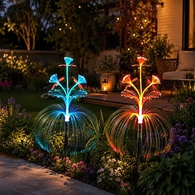 2 Pcs Solar Garden Lights Outdoor, 7 Color Changing LED Fiber Optic Jellyfish Flower Butterfly Stake Lights, Decorative Yard Lights for Pathway, Patio, Lawn, F