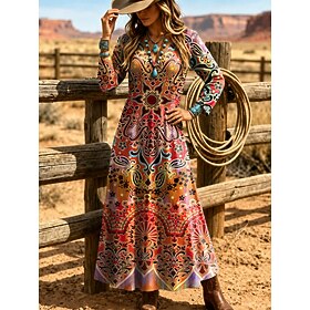 Women's Maxi Dress A Line Dress Vacation Casual Boho Daily Holiday Going out Regular Fit Floral Graphic Geometric Long Sleeve V Neck Blue Orange Green Spring W