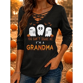 Halloween Women's T Shirt Cut Out Print Graphic Vintage Stylish Casual Long Sleeve V Neck Regular Tops Long Tops Casual Daily Black Green Fall Winter