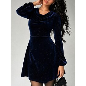 Femmes Mini robe Robe en Velours Robe trapèze Élégant Mode Quotidien Vacances Soirée Uni manche longue Col Bénitier Bleu de minuit Automne Hiver