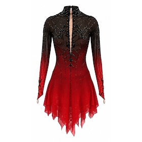 Robe de patinage artistique à manches longues ombragée en noir et rouge col haut dos ouvert pour filles robe de compétition de patinage artistique en strass