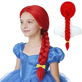 Kids Bright Red Long Braided Wig with Center Part and Yellow Bow – Princess Cosplay Halloween Wig for Girls