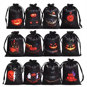 Halloween Drawstring Treat Bags, 12PCS Black Halloween Gift Bags with Spooky Prints, Reusable Candy Bags for Trick or Treat, Party Favor Bags, Goodie Bags and