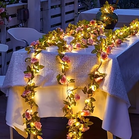 Solar Outdoor Waterproof Artificial Rose Garland Vine Lights, LED Flower Fairy String Lights with Green Leaves, Hanging Decor for Courtyard, Bedroom, Wedding,