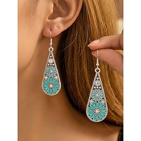 Women's Bohemian Floral Alloy Teardrop Earrings in Multiple Colors, Vintage Flower Dangle Jewelry for Summer Vacations, Beach Trips, Festivals, Parties and Eve
