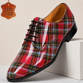 Men's Genuine Leather Red Plaid Lace-Up Dress Shoes, Pointed Toe Fashion Formal Style for Business Men, Weddings, Banquets and Parties